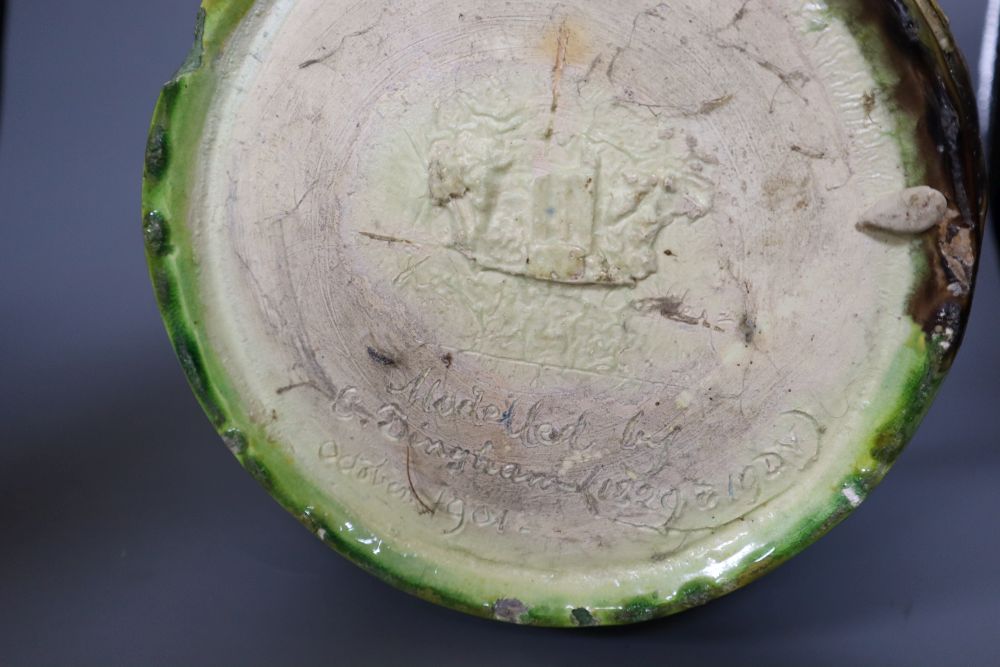 A large Castle Hedingham pottery inscribed beer jug, incised mark modelled by E. Bingham 1829 to 1901 October 1901, height 36cm